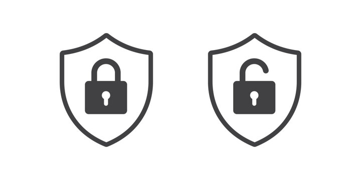 Lock and Unlock symbol. The padlock in shield shows protect and unprotected status. Cybersecurity and data protection technology. Icon element for app and web. Vector illustration.