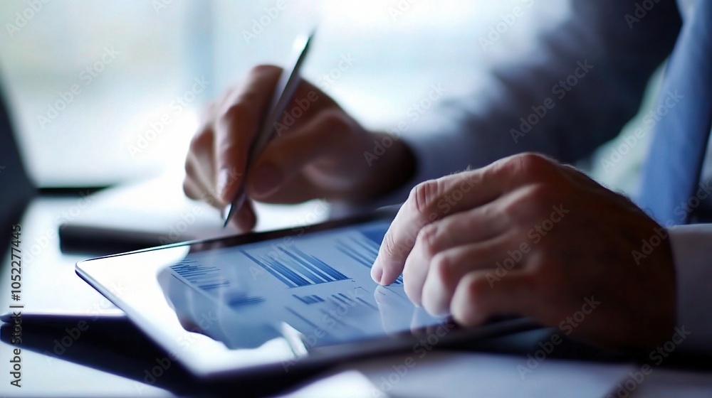 Aufkleber hands working on tablet with data and charts