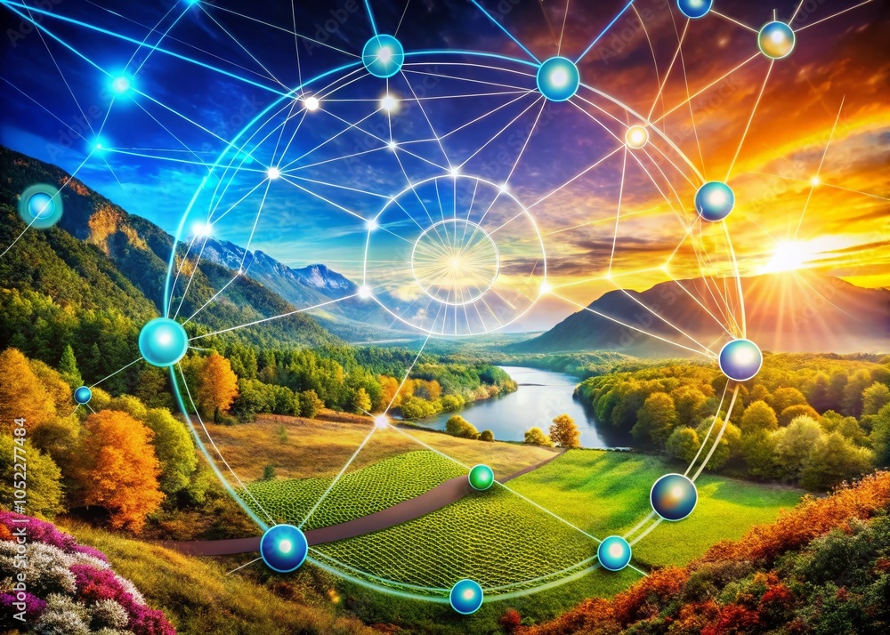 Poster abstract geometric landscape: digital network of circles and figures in a technological realm