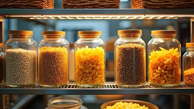 Glass Jars Filled with Grains and Pasta on a Shelf in a Kitchen