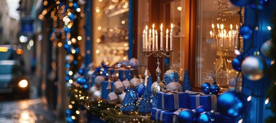 Festive Hanukkah Storefront Display with Menorah and Holiday Gifts in Blue and Silver
