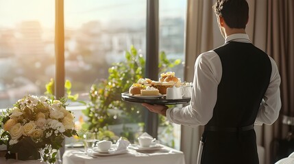 Elegant Butler Serving Breakfast in Luxury Suite with Panoramic View and Floral Arrangements