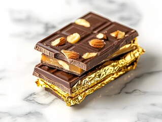 Decadent Artisanal Chocolate Bar with Caramel and Nuts on Marble Countertop
