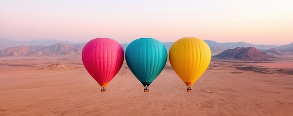 Obraz premium Vibrant hot air balloons flying over a desert at sunrise, representing freedom and adventure holiday travel destination, explore, adventure