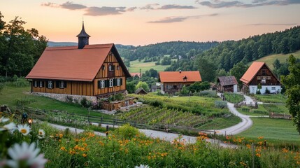 German countryside houses at sunset