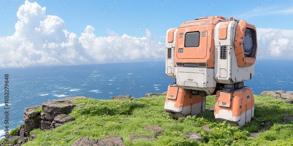 Poster futuristic robot on clifftop overlooking ocean with clouds