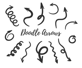 Set of simple hand-drawn doodle arrows. Great for any designs, illustrations, packages, invitations. Fully vector recolored