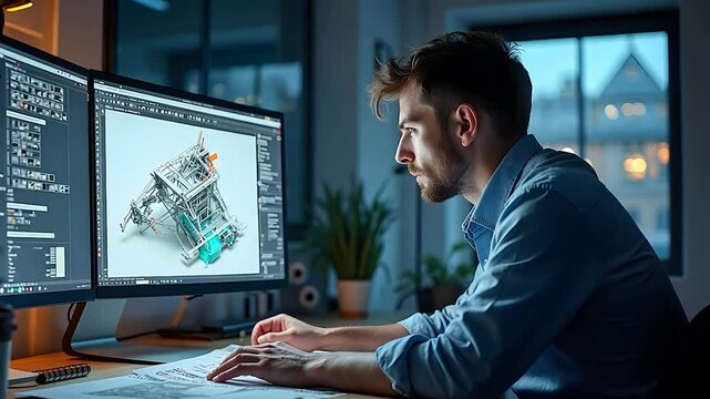 Man Working on a 3D Design of a Mechanical Part on Dual Monitors