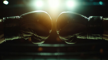 Two gloved fists collide in the foreground, set against the dimly lit octagon in the background. The worn gloves symbolize a history of battles