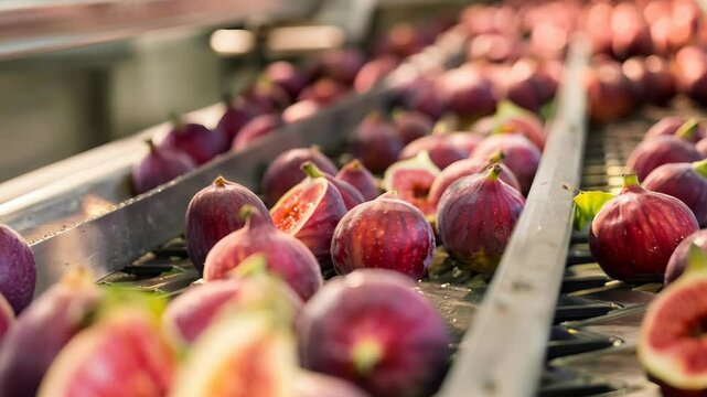 Fresh figs on a production line in a modern fruit processing facility, 4k video