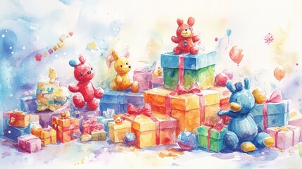 Colorful Watercolor Illustration of Children's Toys and Blocks