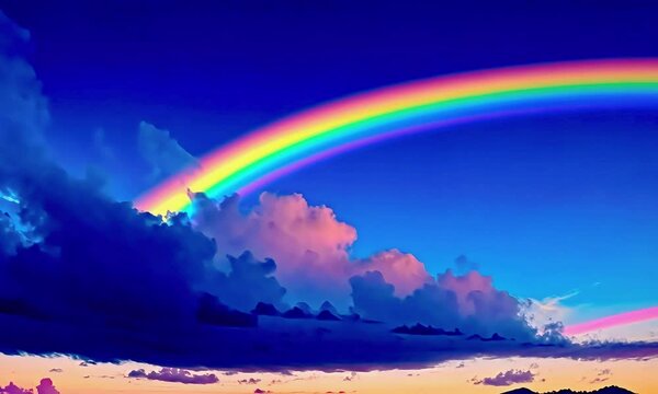 Pastel clouds with beautiful rainbow. Holographic fantasy rainbow unicorn background with clouds. Pastel color sky. Magical landscape, abstract fabulous pattern. Cute candy fantasy in the sky