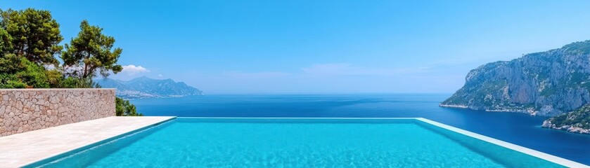 Fototapeta premium Luxurious resort with infinity pool overlooking an ocean cliff, ideal for relaxation and getaway holiday travel destination, getaway, leisure