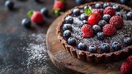 Decadent Chocolate Tart with Fresh Berries on Rustic Wooden Board