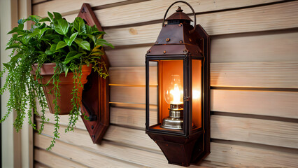 A Cozy Corner of Home Harmony: An Old Lantern with a Candle in a Dark Metal Frame on a Wooden Shelf with a Book, Indoor Plants and Long Green Shoots, Surrounded by Warm Panels Creating an Atmosphere 