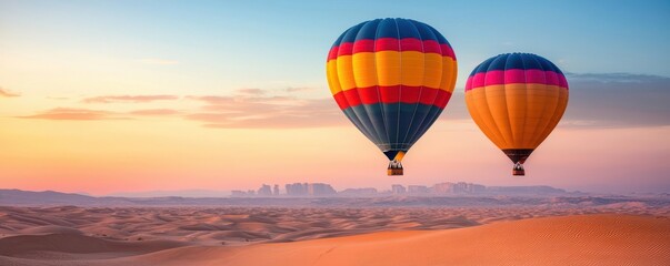Obraz premium Vibrant hot air balloons flying over a desert at sunrise, representing freedom and adventure holiday travel destination, explore, adventure