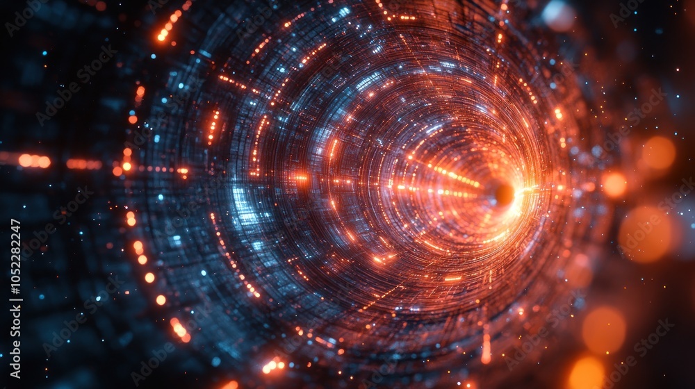 Poster abstract digital vortex with glowing particles and light effects.