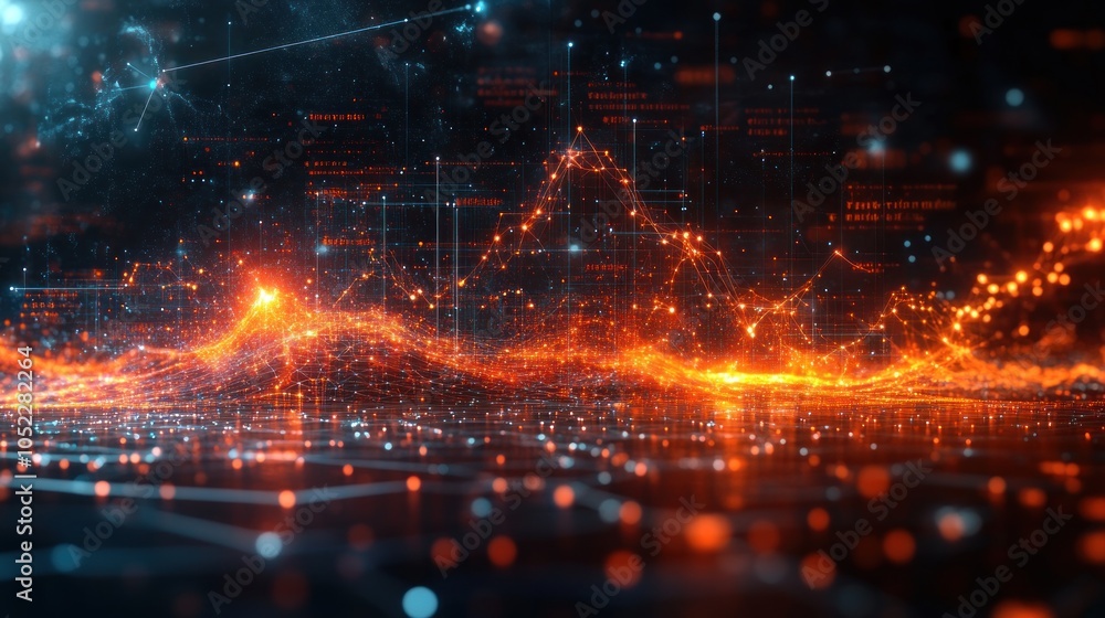 Poster abstract digital landscape with glowing data visualizations.
