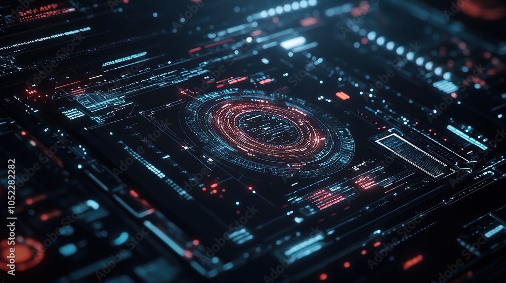 Poster futuristic interface with data displays and technology elements