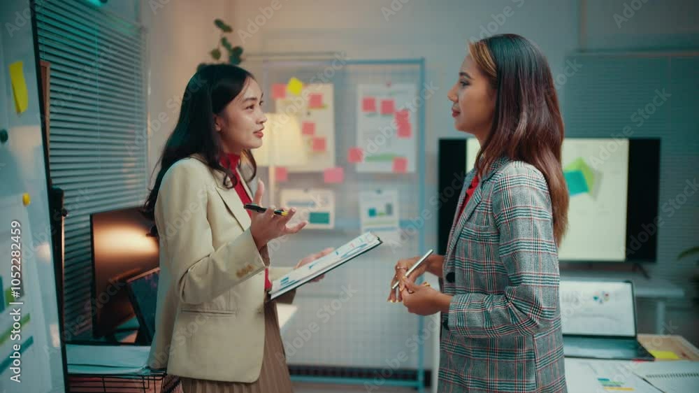 Aufkleber two businesswomen engage in a conversation about work in an office setting. a manager shares details