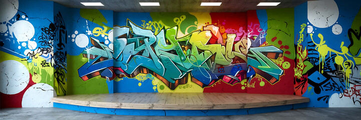 Urban grunge blue and green graffiti wall background with wooden platform for product placement   