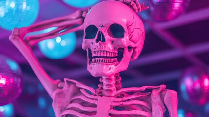 A colorful skeleton poses under disco lights, creating a fun, vibrant atmosphere reminiscent of a party or Halloween celebration.