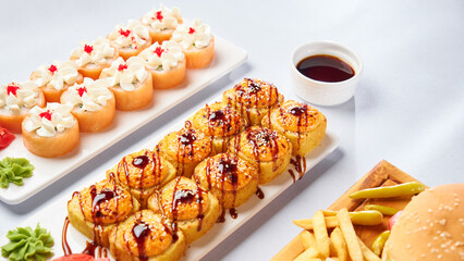 Philadelphia Sushi Rolls Set with Salmon and Cream Cheese. Copy space