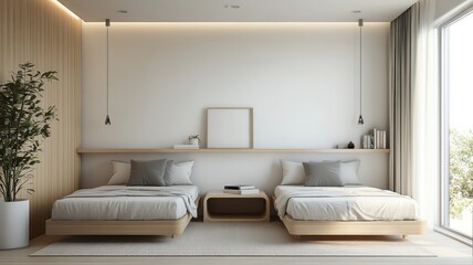 Minimalist Twin Bed Bedroom with Large Window and Natural Light