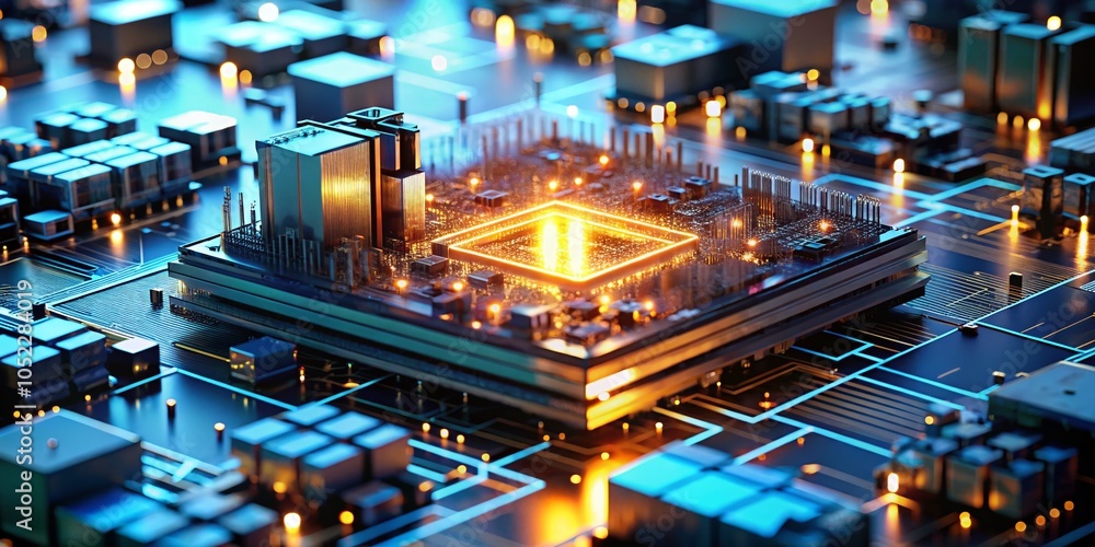 Poster advanced technology concept with ai circuit board and glowing elements for futuristic design