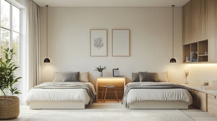 Minimalist Twin Bed Bedroom with Large Window and Natural Light