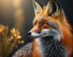 Fototapeta premium Fox is sitting in the grass. It has a brown and white coat