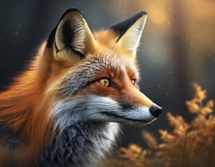Fototapeta premium Fox portrait in autumn rain staring at something
