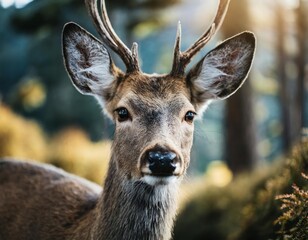 Fototapeta premium Deer with brown antlers is standing in a forest. European mammal