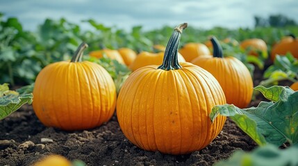 A vibrant pumpkin patch with ripe pumpkins ready for harvest.
