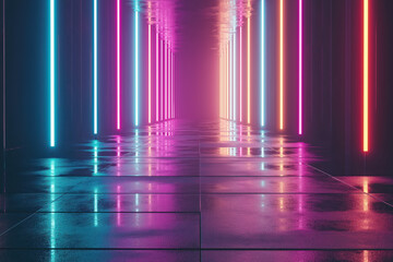 A neon colored hallway with a bright blue light shining down on the floor