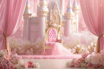 A grand royal pink throne in front of a castle backdrop adorned with flowers in a whimsical fairytale setting