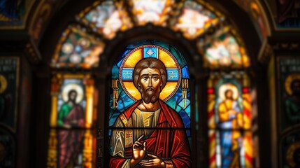 Feast of St. Josaphat. Stained glass window depicting a crowned king with intricate details