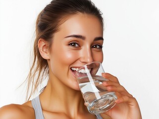 beautiful woman is drinking water from a glass on white background