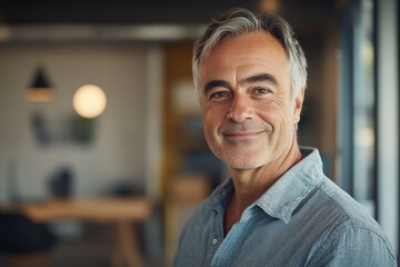 Obraz premium A man with gray hair smiles warmly while standing in a contemporary office space filled with natural light and relaxed decor