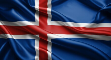 Fototapeta premium Waving Icelandic flag with red cross on blue and white background.