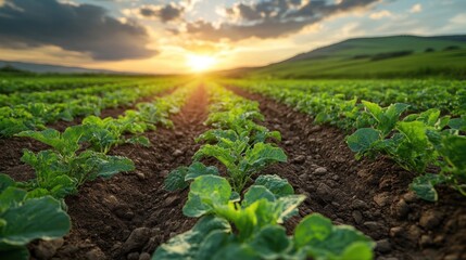 Lush green crops growing in a field at sunset.
