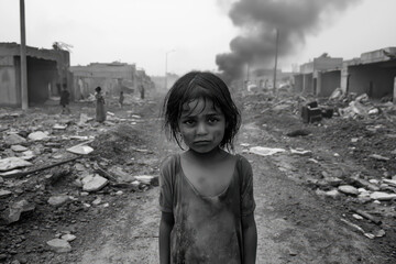 A girl is standing in the middle of a street with a black and white photo
