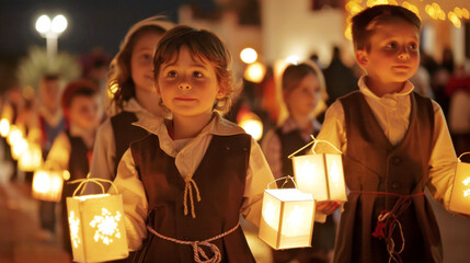 St. Martin's Day. Girl holding paper lantern among children during evening lantern parade.