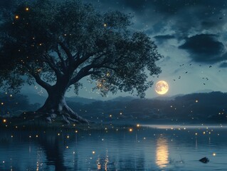 Lone tree under a full moon with fireflies by the lake, illuminated at night.