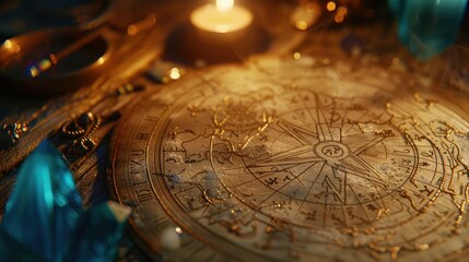 Astrological map with zodiac symbols and mystical elements surrounded by candles and crystals