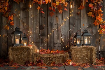 Obraz premium Cozy autumn setting with lanterns, hay bales, and vibrant fall leaves adorns a rustic wooden backdrop for seasonal gatherings