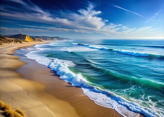 Aerial View of Beautiful Blue Ocean Waves Crashing on California's Pacific Coastline