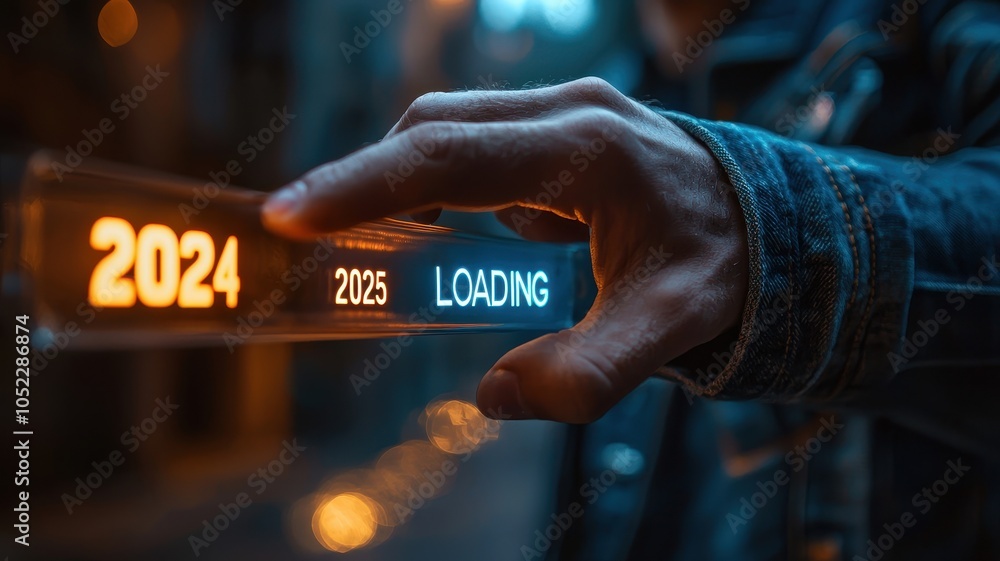 Poster close-up of a hand moving from 2024 to 2025 on a glowing loading bar, symbolizing transition, progre