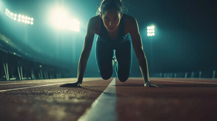 A woman is on a track, stretching out her legs