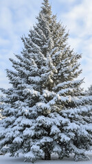 Fototapeta premium Majestic Snow-Covered Evergreen Pine Tree Against Winter Sky